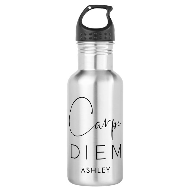 CARPE DIEM | Typografie mit schwarzer Hand Edelstahlflasche (Vorderseite)