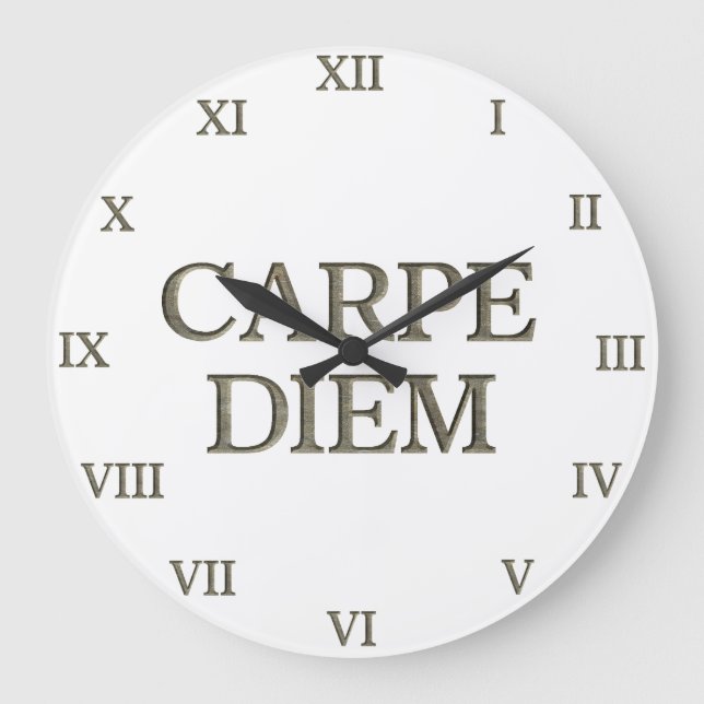 Carpe Diem weiße Wanduhr römische Zahlen (Vorderseite)