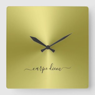 Carpe Diem Yellow Metallic Style Acrylic Quadratische Wanduhr