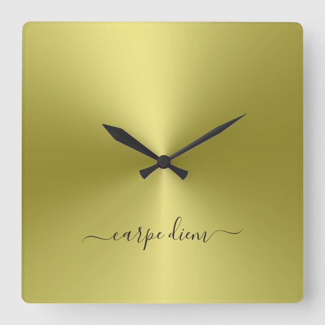 Carpe Diem Yellow Metallic Style Acrylic Quadratische Wanduhr (Vorderseite)