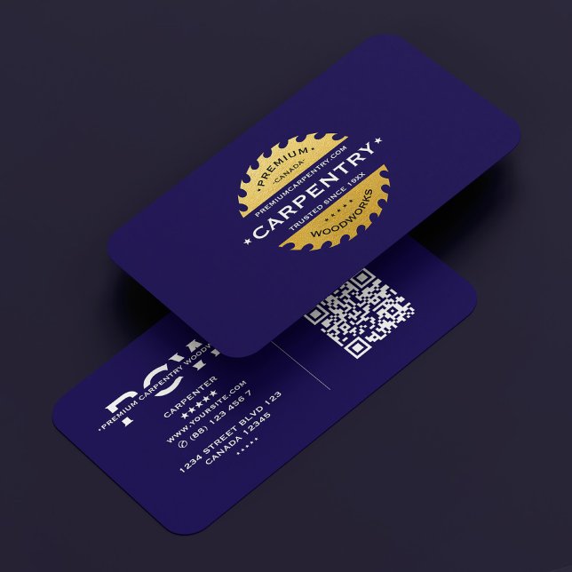 Carpenter Construction Blue Imitats Gold Circular  Visitenkarte (Carpenter Construction Dark Blue Gold Circular Saw Business Card
)