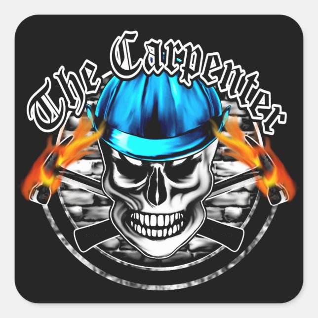 Carpenter Skull und Blue Hard Hat Quadratischer Aufkleber (Vorderseite)