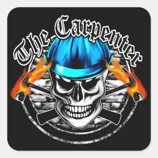 Carpenter Skull und Blue Hard Hat Quadratischer Aufkleber