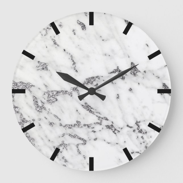 Carrara Marble Gray Silver Schwarz-weiß Stone Große Wanduhr (Vorderseite)