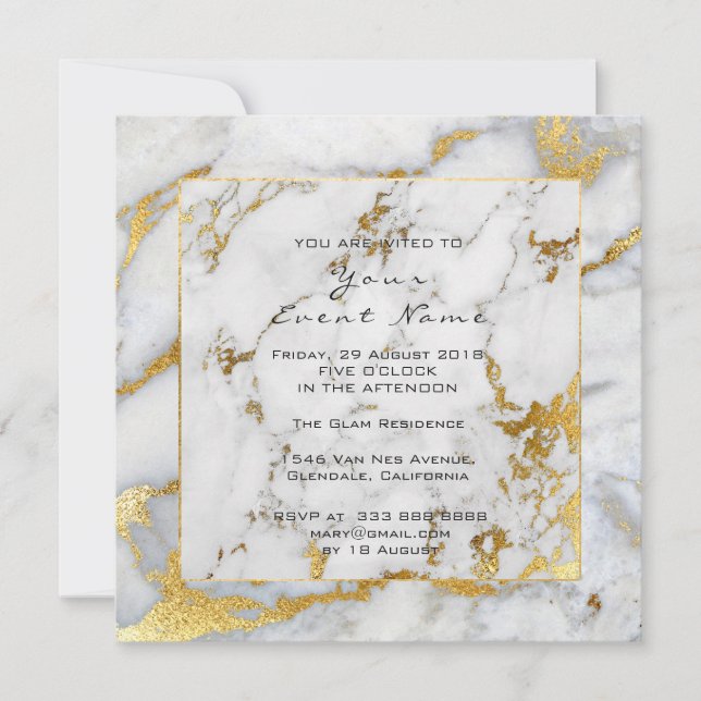 Carrara Marble White Gray Golden Frame Lux Event Einladung (Vorderseite)