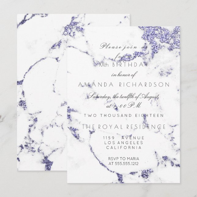 Carrara White Marble Indigo Navy Glitzer Elegant Einladung (Vorne/Hinten)