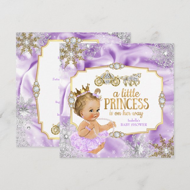 Carriage Princess Baby Dusche Lila Blonde Einladung (Vorne/Hinten)