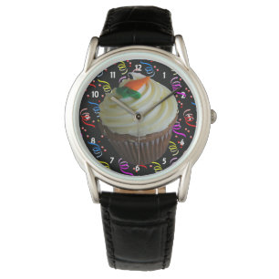 Carrot Cake Cupcake & Confetti Black Leather Watch Armbanduhr
