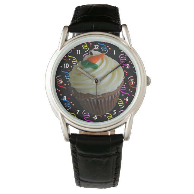 Carrot Cake Cupcake & Confetti Black Leather Watch Armbanduhr (Vorderseite)