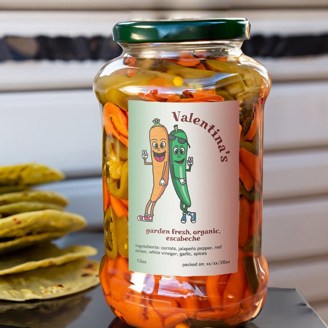 Carrot und Pepper Pals Cartoon Escabeche Pickle Lebensmitteletikett (Von Creator hochgeladen)
