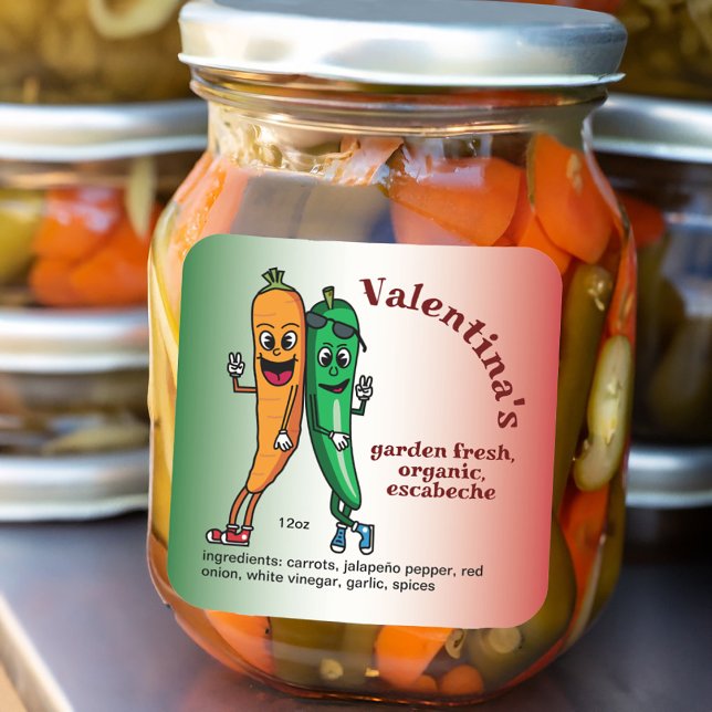 Carrot und Pepper Pals Cartoon Escabeche Pickle Quadratischer Aufkleber (Von Creator hochgeladen)