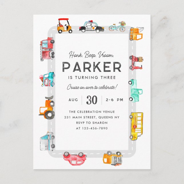 Cars Trucks Street Kids Transportation Geburtstag Postkarte (Vorderseite)