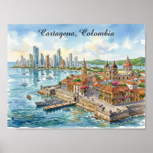 Cartagena Kolumbien Aquarell-Illustration Poster