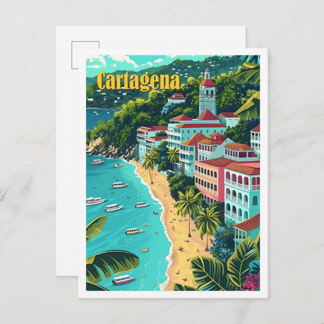 Cartagena Kolumbien Vintage Kunstreise Illustratio Postkarte (Vorne/Hinten)
