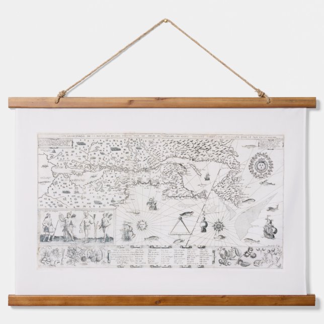 Carte Française Canada (Québec) par Champlain 1612 Wandteppich Mit Holzrahmen (Vorne)