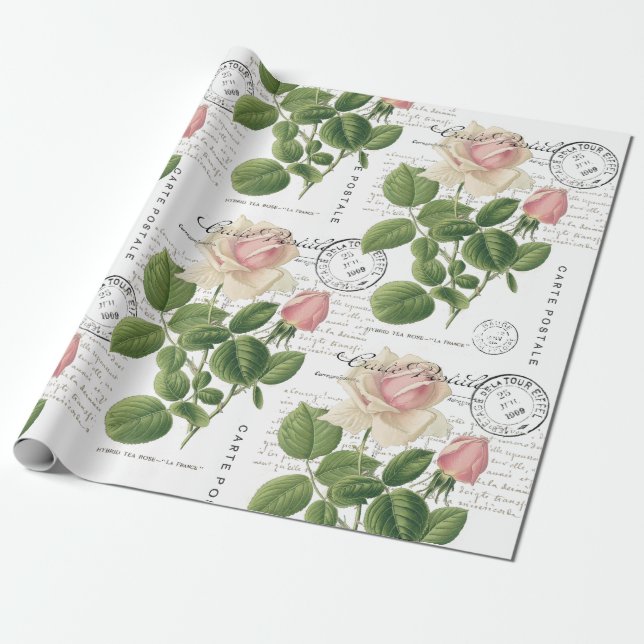 Carte Postale Pink Rose Französische Schrift Vinta Geschenkpapier (Ungerollt)