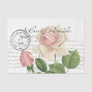 Carte Postale Pink Rose Französische Schrift Vinta Seidenpapier
