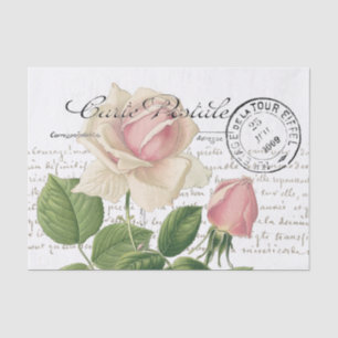 Carte Postale Pink Rose Französische Schrift Vinta Seidenpapier