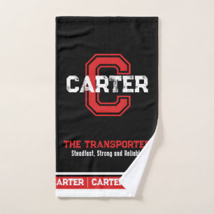 Carter Name bedeutet Sportmonogramm schwarz rot Badhandtuch Set