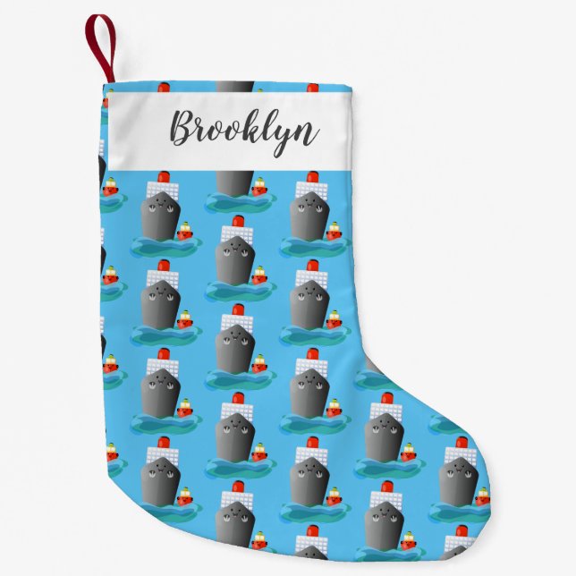 Cartoon-Abbildung niedlicher Seefrachtschlepper Kleiner Weihnachtsstrumpf (Vorderseite)