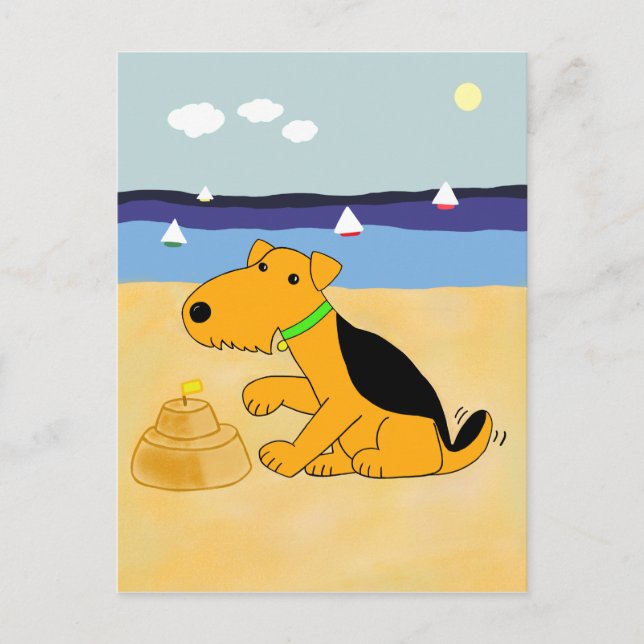 Cartoon Airedale Terrier Dog am Strand Postkarte (Vorderseite)