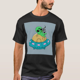 Cartoon Alien Rauchen auf einem Ufo T-Shirt