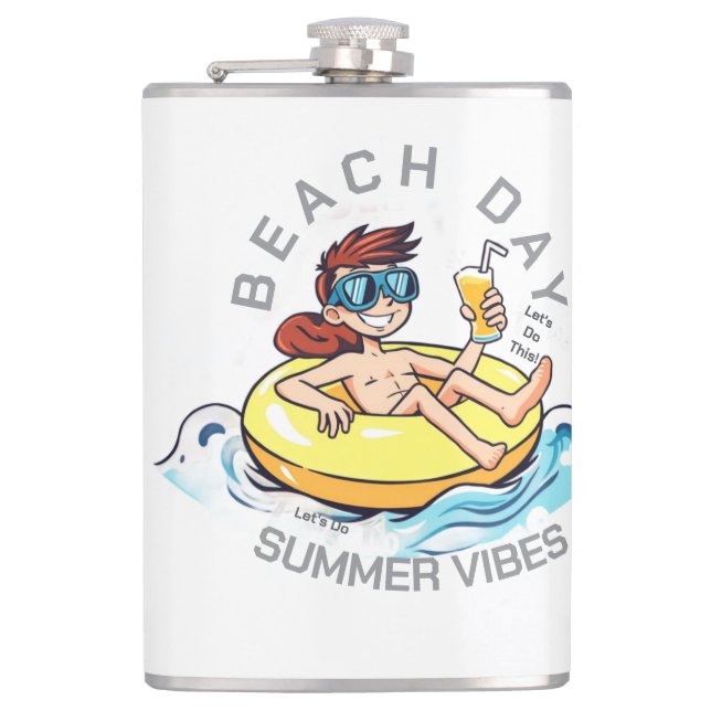 Cartoon am Strand auf aufblasbarem Ring Flachmann (Vorderseite)