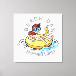 Cartoon am Strand auf aufblasbarem Ring Leinwanddruck