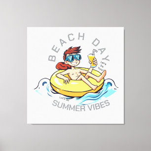 Cartoon am Strand auf aufblasbarem Ring Leinwanddruck
