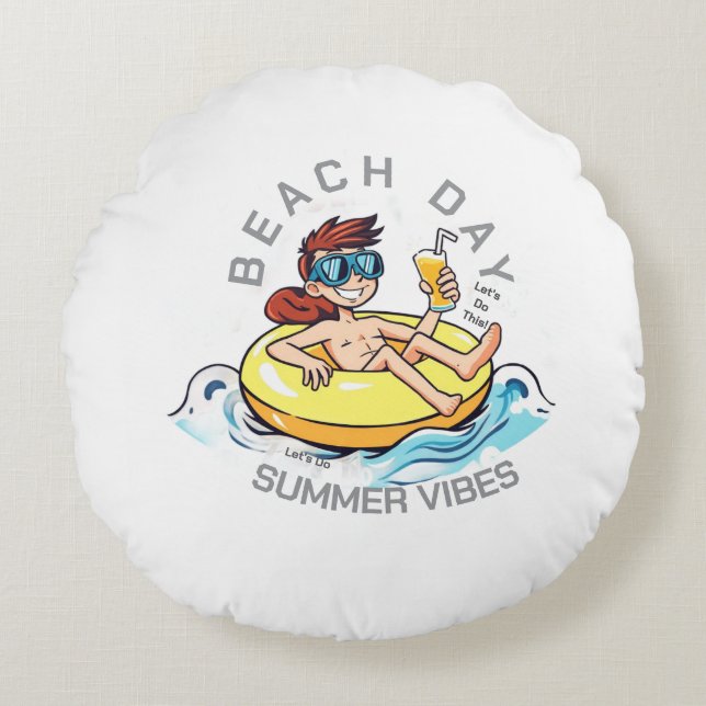 Cartoon am Strand auf aufblasbarem Ring Rundes Kissen (Vorderseite)