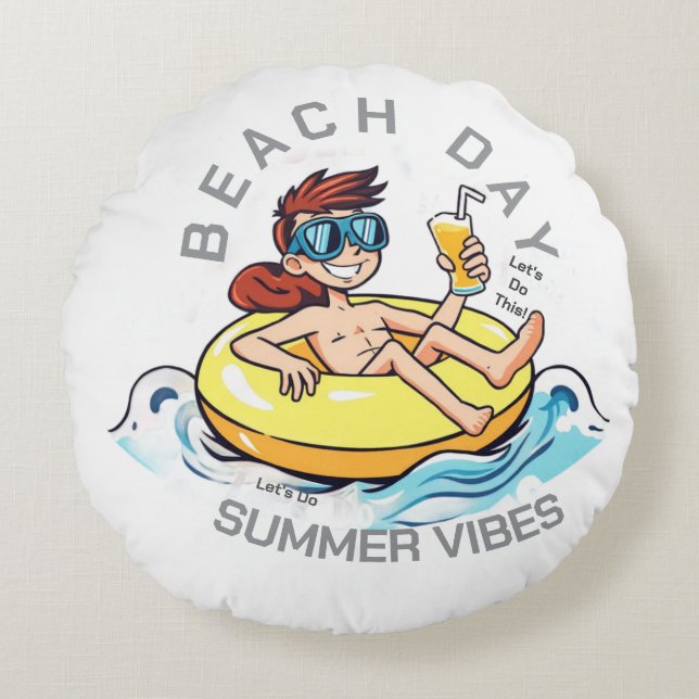 Cartoon am Strand auf aufblasbarem Ring Rundes Kissen (Vorderseite)