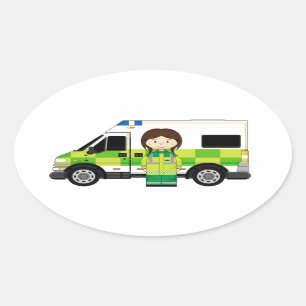 Cartoon Ambulance und EMT Ovaler Aufkleber