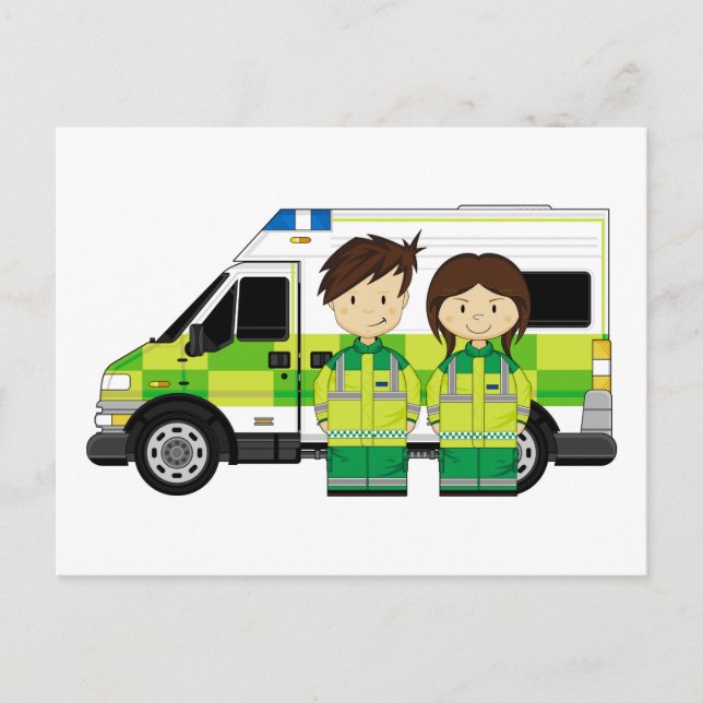 Cartoon Ambulance und EMTs Postkarte (Vorderseite)