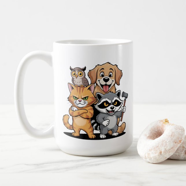 Cartoon Animal Friends Team Illustration Kaffeetasse (Mit Donut)