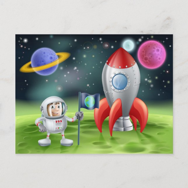 Cartoon-Astronaut und Vintage Rakete Postkarte (Vorderseite)