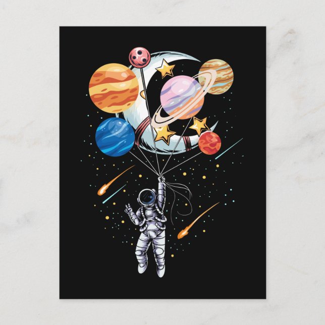 Cartoon Astronauten Raumballon-Planeten Postkarte (Vorderseite)