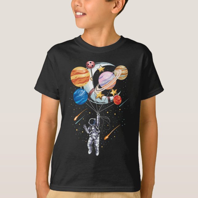 Cartoon Astronauten Raumballon-Planeten T-Shirt (Vorderseite)