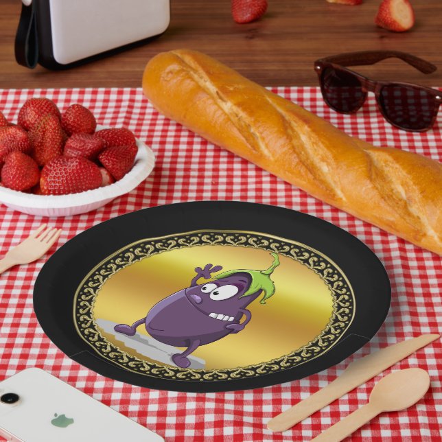 Cartoon Aubergine mit großen Augen grünes Haar 2 Pappteller (Picknick)