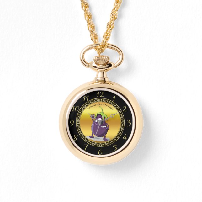 Cartoon Aubergine mit großen Augen, grünes Haar Armbanduhr (Vorderseite)