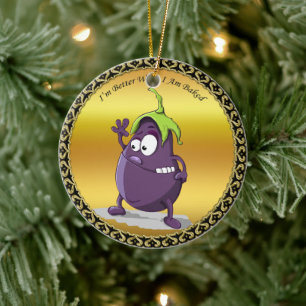 Cartoon Aubergine mit großen Augen, grünes Haar Keramikornament