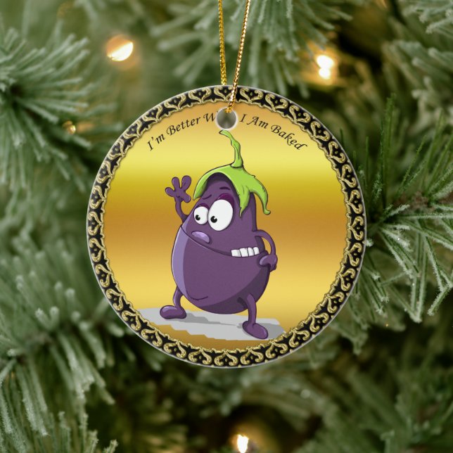 Cartoon Aubergine mit großen Augen, grünes Haar Keramikornament (Baum)