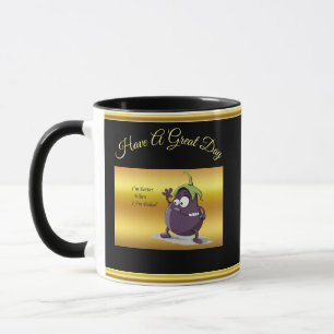 Cartoon Aubergine mit großen Augen, grünes Haar Tasse