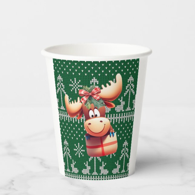 Cartoon auf grünem Steppmuster Pappbecher (Vorderseite)