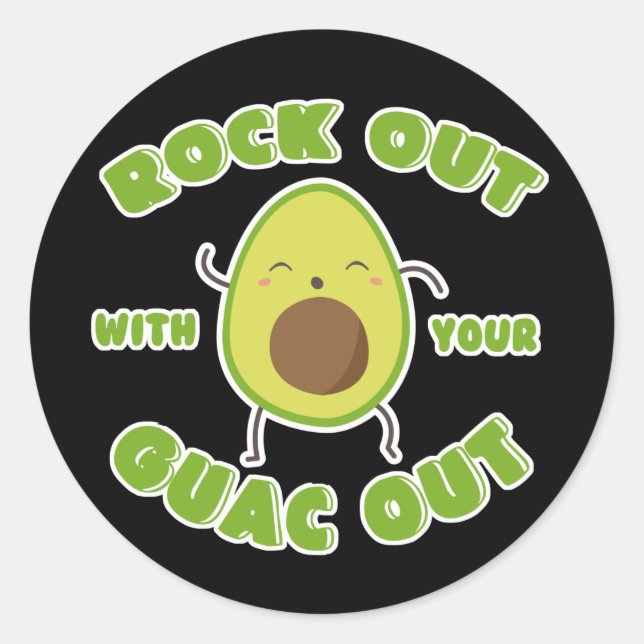 Cartoon Avocado "Rock out with Your Guac Out" Runder Aufkleber (Vorderseite)