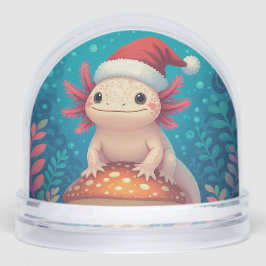 Cartoon Axolotl in der Weihnachtsmannmütze Schneeg Schneekugeln