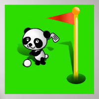 Cartoon Baby Panda Bear Golfing on Green