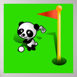 Cartoon Baby Panda Bear Golfing on Green Poster