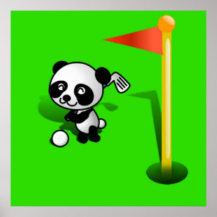 Cartoon Baby Panda Bear Golfing on Green Poster