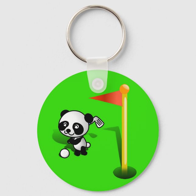 Cartoon Baby Panda Bear Golfing on Green Schlüsselanhänger (Vorderseite)