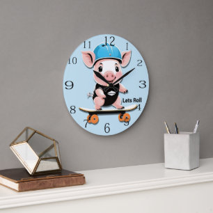 Cartoon Baby Pig Reiten Ein Skateboard Lasse Roll, Große Wanduhr